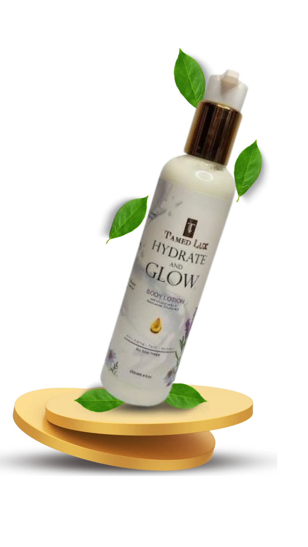 A white plastic bottle of hydrate and glow body lotion